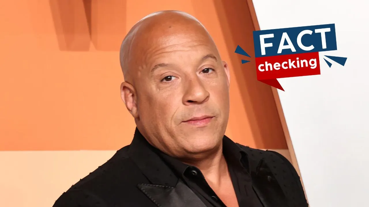 Vin Diesel con un saco negro en una ceremonia y el logo de fact checking de 