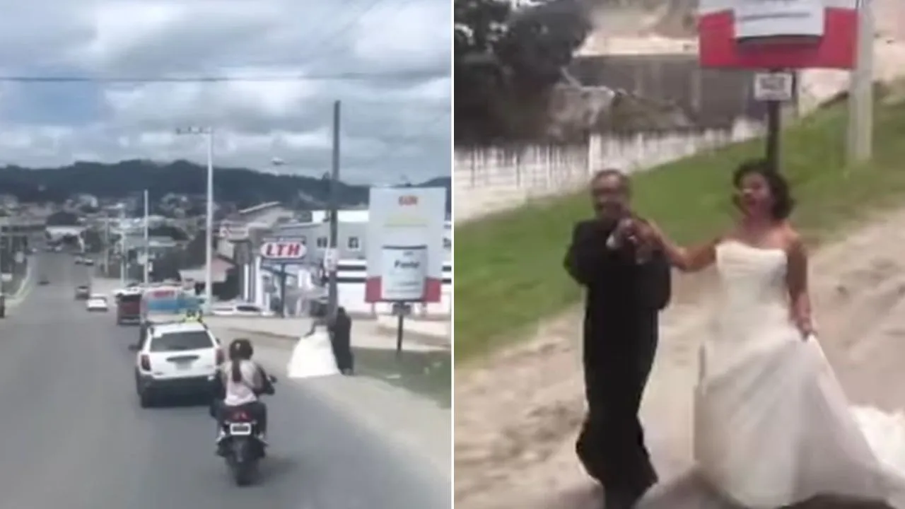 Pareja pasea con traje de bodas por las calles de Santa Rosa de Copán